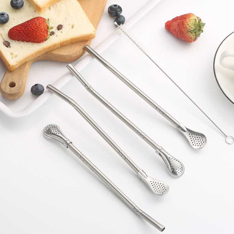 Stainless steel straw spoon, coffee mixing spoon, dual-use straw filter spoon, brush, milk tea, juice, Ma Dai tea spoon