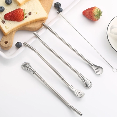 Stainless steel straw spoon, coffee mixing spoon, dual-use straw filter spoon, brush, milk tea, juice, Ma Dai tea spoon 01