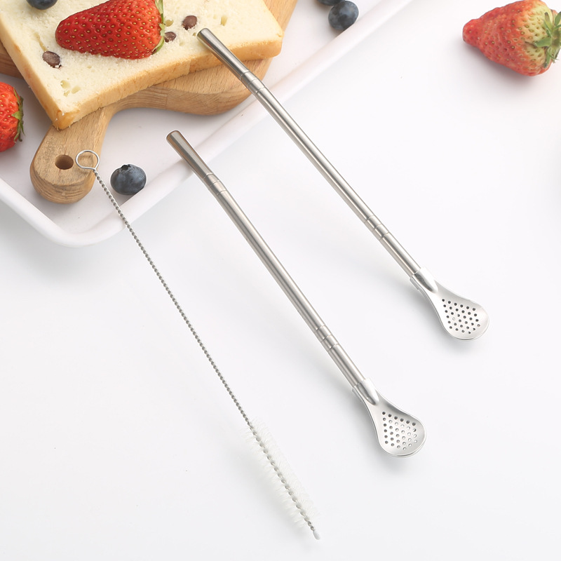 Stainless steel straw spoon, coffee mixing spoon, dual-use straw filter spoon, brush, milk tea, juice, Ma Dai tea spoon