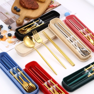 Three piece portable cutlery set for student picnics, convenient chopstick and spoon set 01