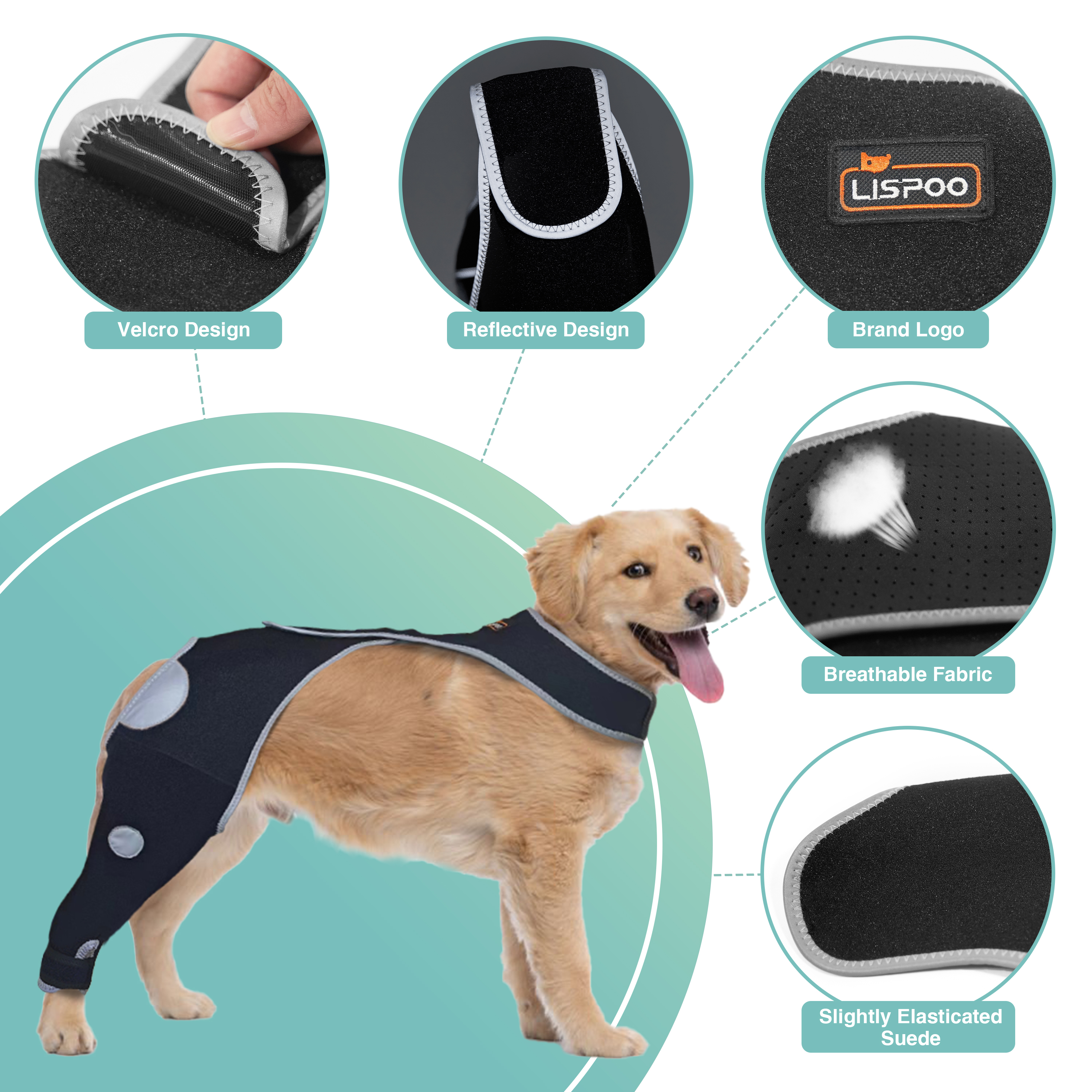 Lispoo Dog Rear Leg Lick‑Guard Sleeve with Reflective Straps