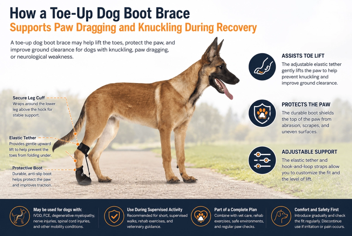 How a Toe-Up Dog Boot Brace Supports Paw Dragging and Knuckling During Recovery