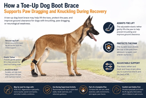 How a Toe-Up Dog Boot Brace Supports Paw Dragging and Knuckling During Recovery