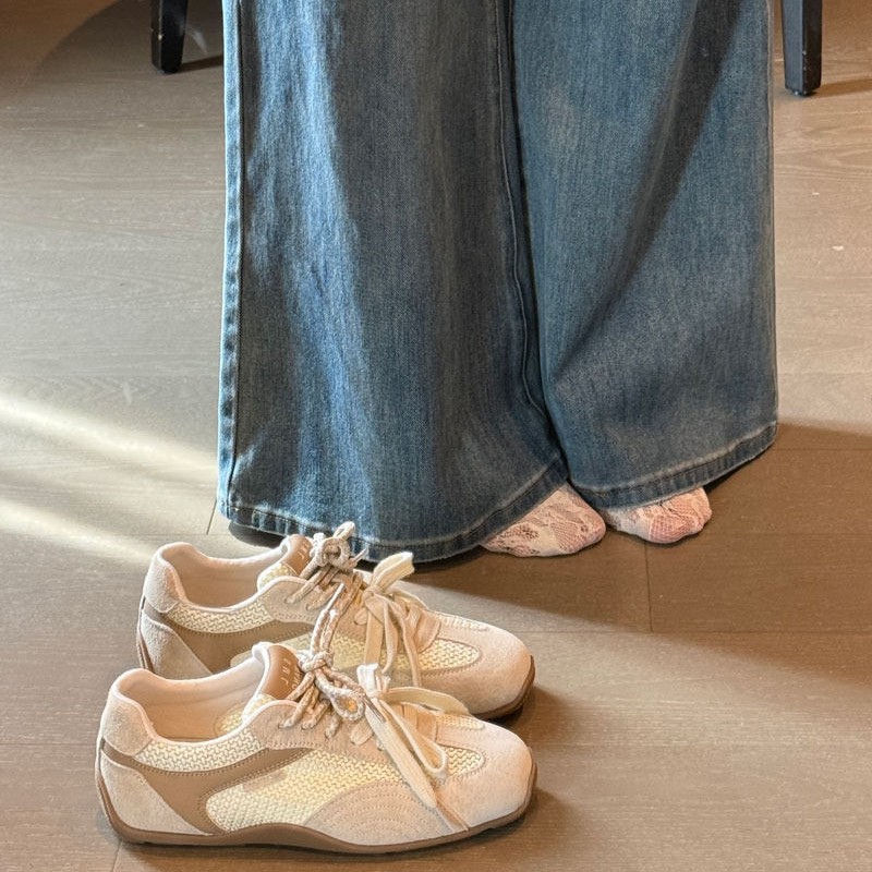 Women's Retro Mesh & Suede Sneakers, Breathable Lace-Up Flats, Casual Low-Top Walking Shoes for Women