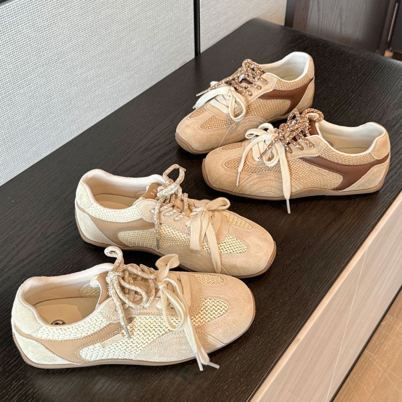 Women's Retro Mesh & Suede Sneakers, Breathable Lace-Up Flats, Casual Low-Top Walking Shoes for Women