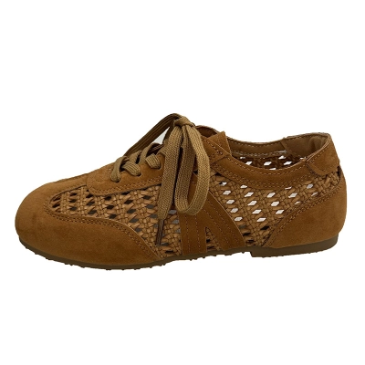 Women's Retro Woven Cutout Sneakers, Breathable Lace-Up Flat Sandals, Suede Casual Low-Top Shoes 01