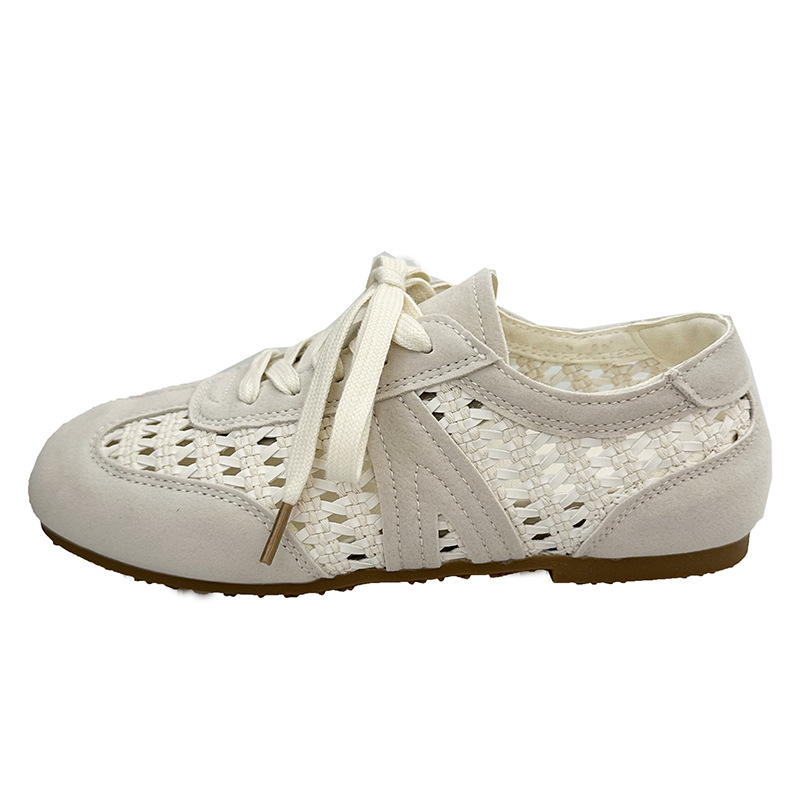 Women's Retro Woven Cutout Sneakers, Breathable Lace-Up Flat Sandals, Suede Casual Low-Top Shoes