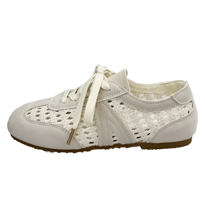 Women's Retro Woven Cutout Sneakers, Breathable Lace-Up Flat Sandals, Suede Casual Low-Top Shoes 02
