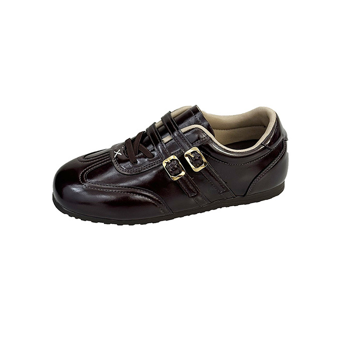 Women's Retro Leather Flats, Casual Round Toe Buckle Strap Lace-Up Shoes, Comfortable Low-Top Walking Sneakers