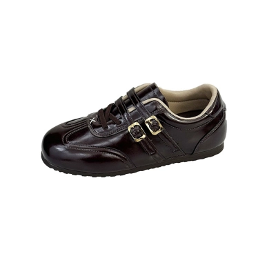 Women's Retro Leather Flats, Casual Round Toe Buckle Strap Lace-Up Shoes, Comfortable Low-Top Walking Sneakers 01