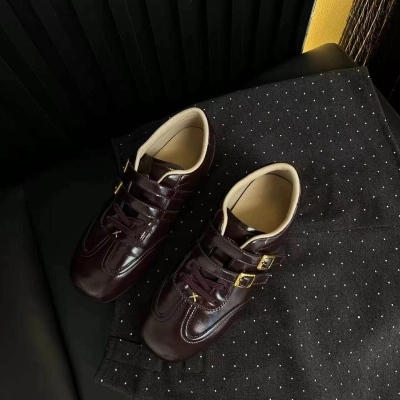 Women's Retro Leather Flats, Casual Round Toe Buckle Strap Lace-Up Shoes, Comfortable Low-Top Walking Sneakers 02