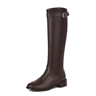 Women's Wide Calf Over-the-Calf Boots – Chunky Heel Knee-High Boots with Adjustable Buckle 01