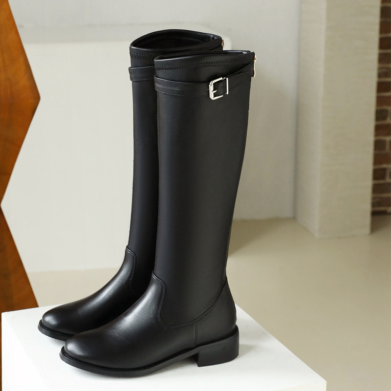 Women's Wide Calf Over-the-Calf Boots – Chunky Heel Knee-High Boots with Adjustable Buckle