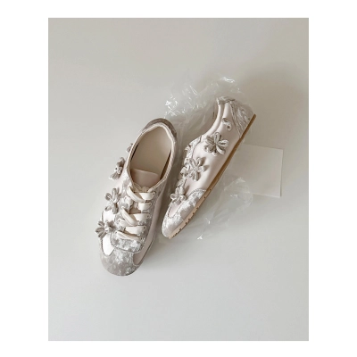Women's Retro French Style Velvet Floral Casual Shoes Round Toe Lace Up Flats 02