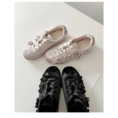 Women's Retro French Style Velvet Floral Casual Shoes Round Toe Lace Up Flats 01
