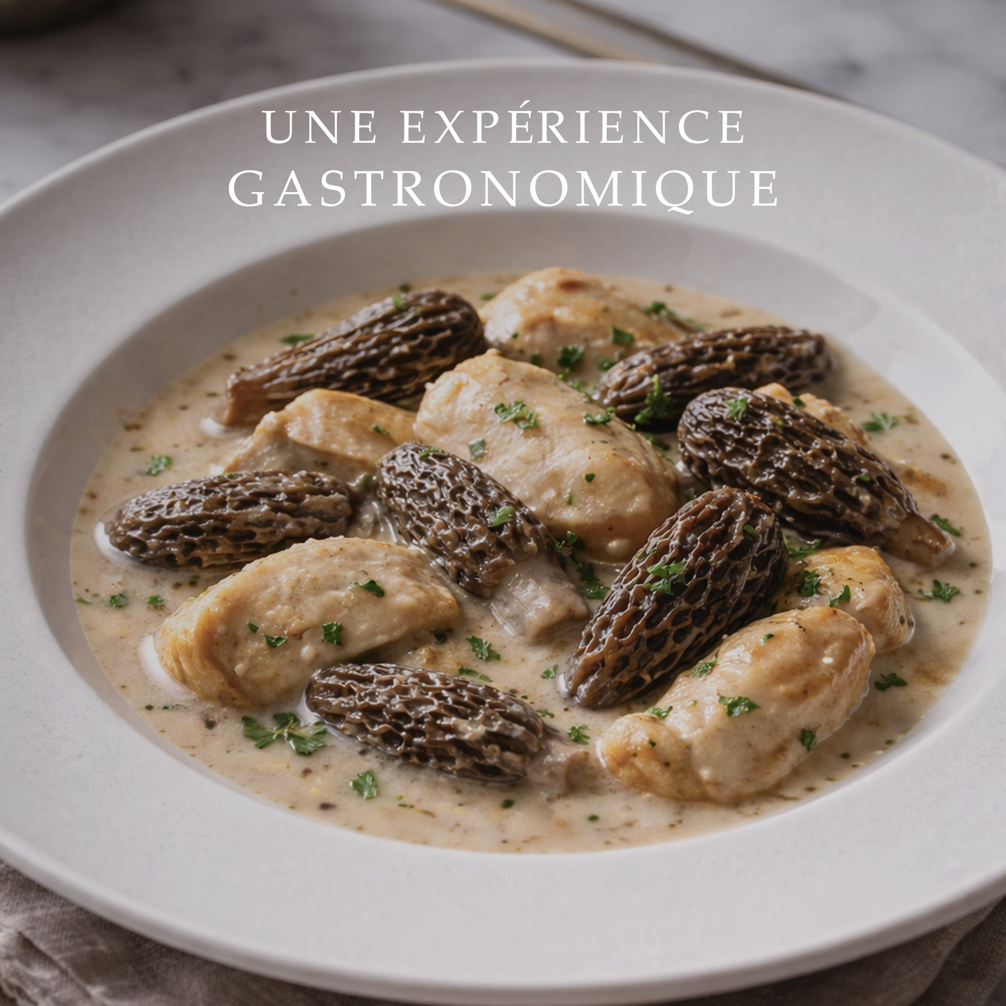 Plat gastronomique préparé avec des morilles séchées, cuisine fran?aise