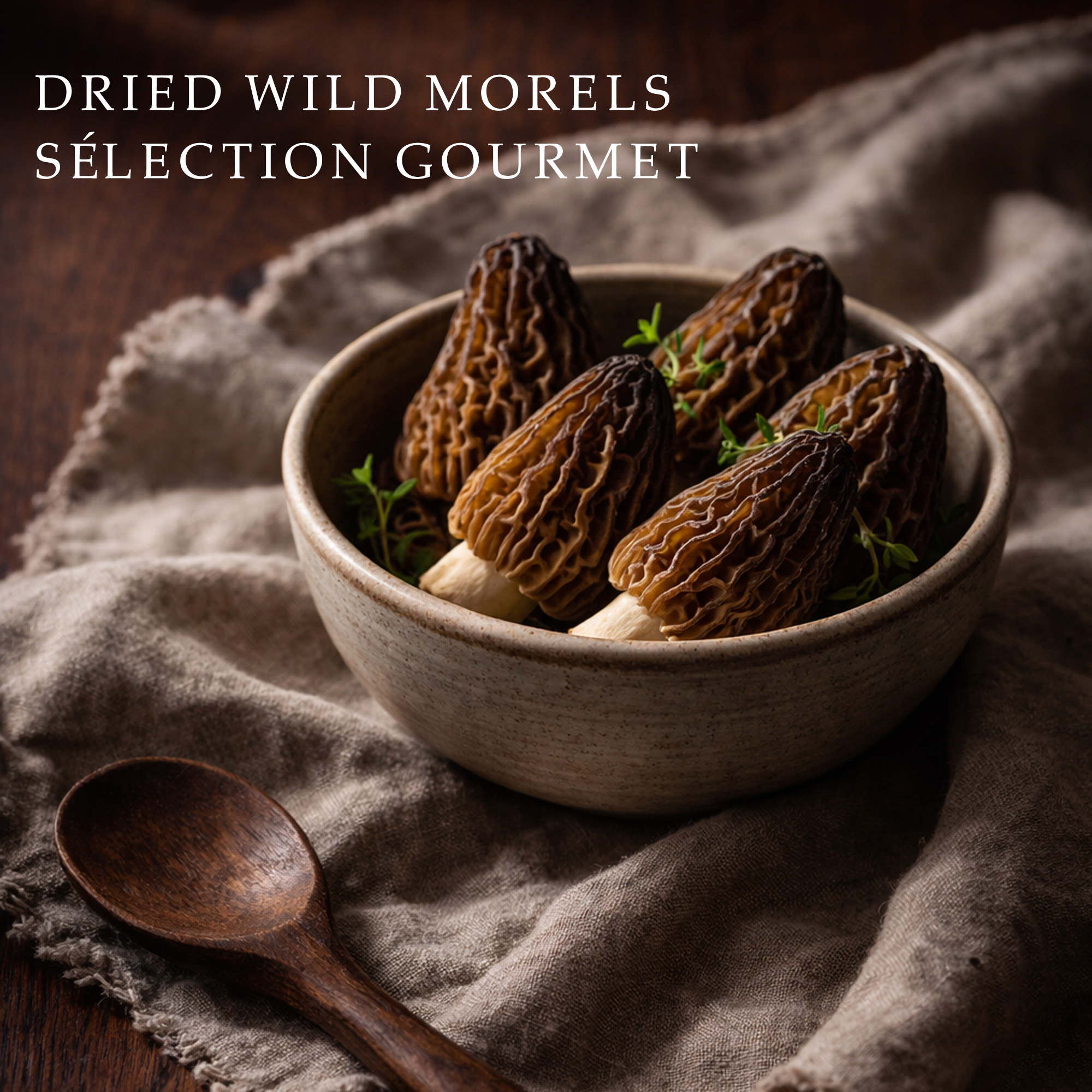 Morilles séchées sauvages présentées dans un bol en céramique, produit gourmet