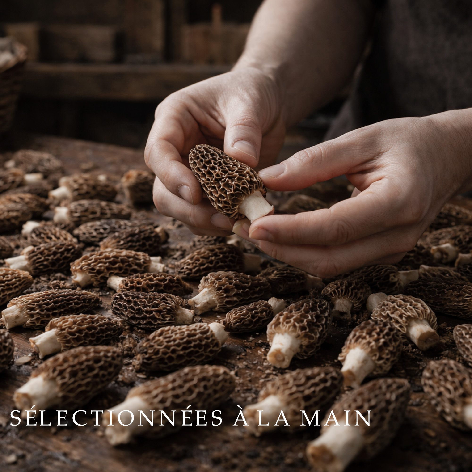 Sélection manuelle de morilles sauvages sur table artisanale