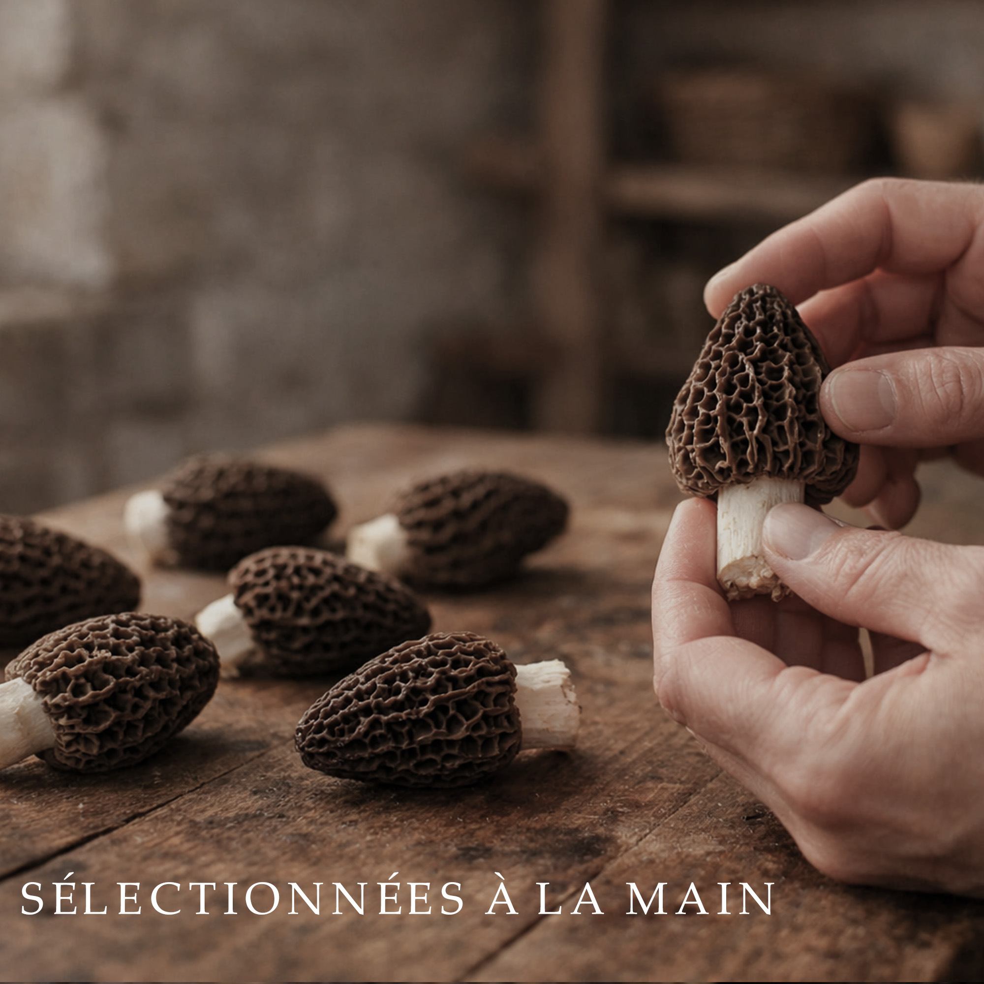 Détail de morille sauvage séchée, texture naturelle et forme caractéristique