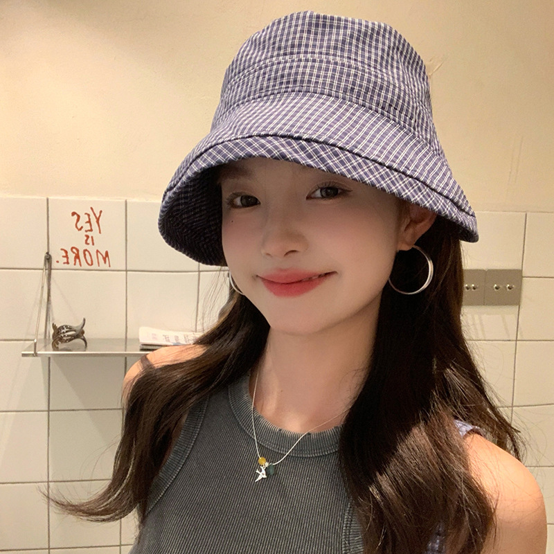 2026 Women's Japanese-Style Checkered Bucket Hat – UPF50+ Wide-Brim Sun Hat, Cotton-Linen Summer Outdoor