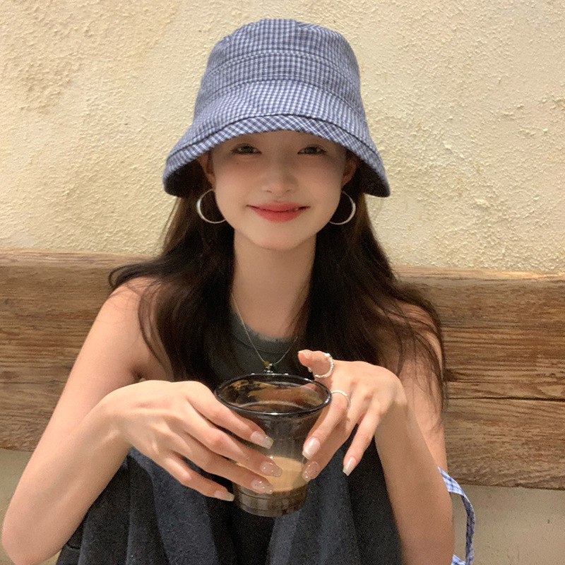 2026 Women's Japanese-Style Checkered Bucket Hat – UPF50+ Wide-Brim Sun Hat, Cotton-Linen Summer Outdoor