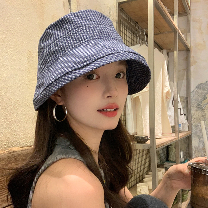 2026 Women's Japanese-Style Checkered Bucket Hat – UPF50+ Wide-Brim Sun Hat, Cotton-Linen Summer Outdoor