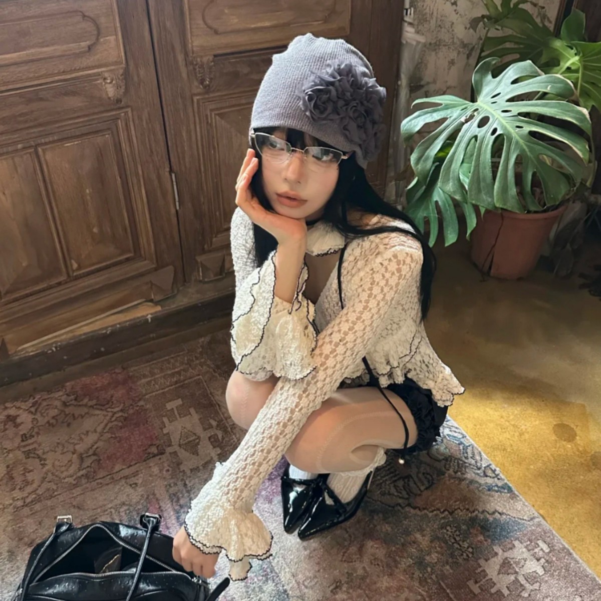 2026 Women's Japanese-Style Slouchy Beanie – Lightweight Knit Winter Hat with Floral Accent, Oversized Fit