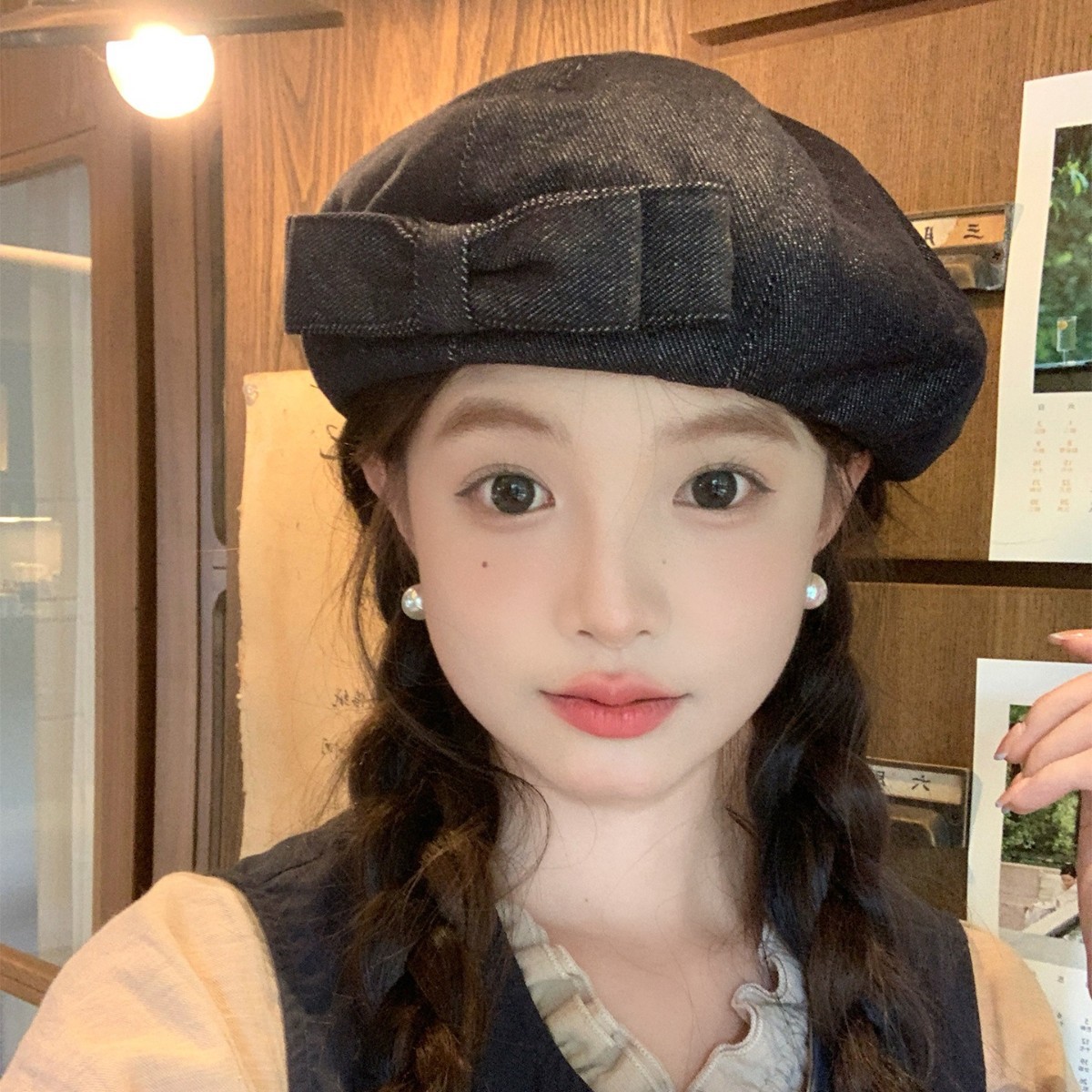 2025 Women's Heavy-Detail Denim Beret – Handmade Double-Layer Bow, Face-Slimming Painter Hat for Large Head Sizes