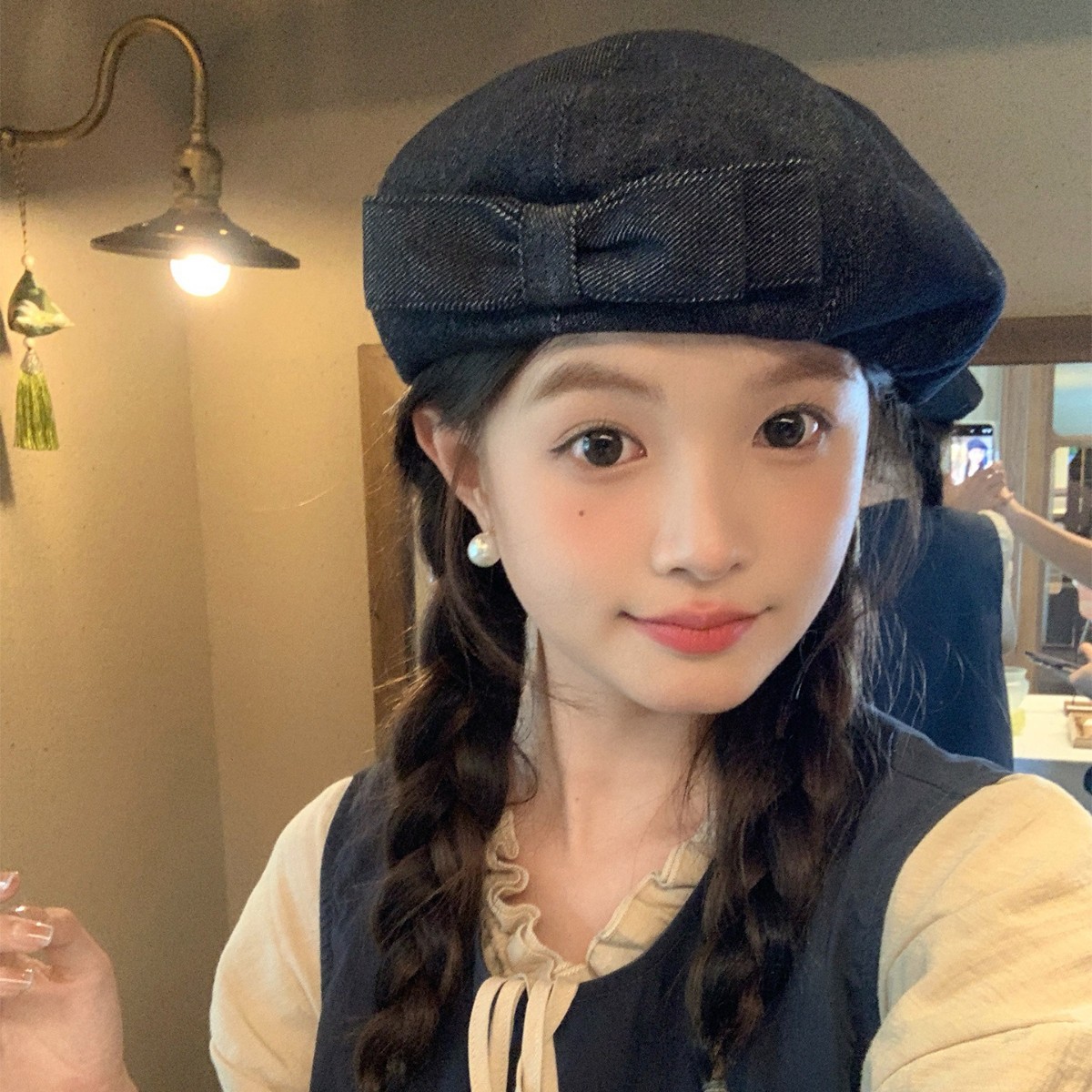 2025 Women's Heavy-Detail Denim Beret – Handmade Double-Layer Bow, Face-Slimming Painter Hat for Large Head Sizes