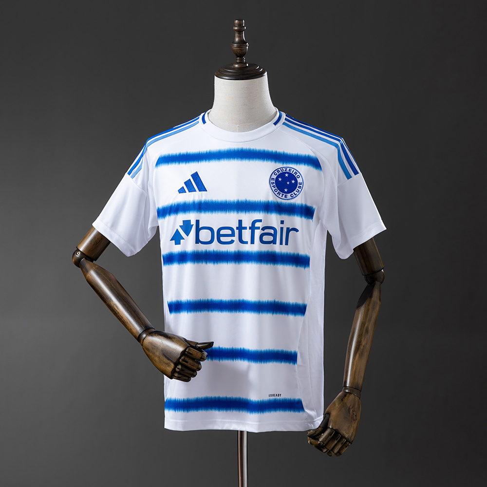 Camisa Torcedor Away Branca com Listras Azuis do Cruzeiro 2025/26