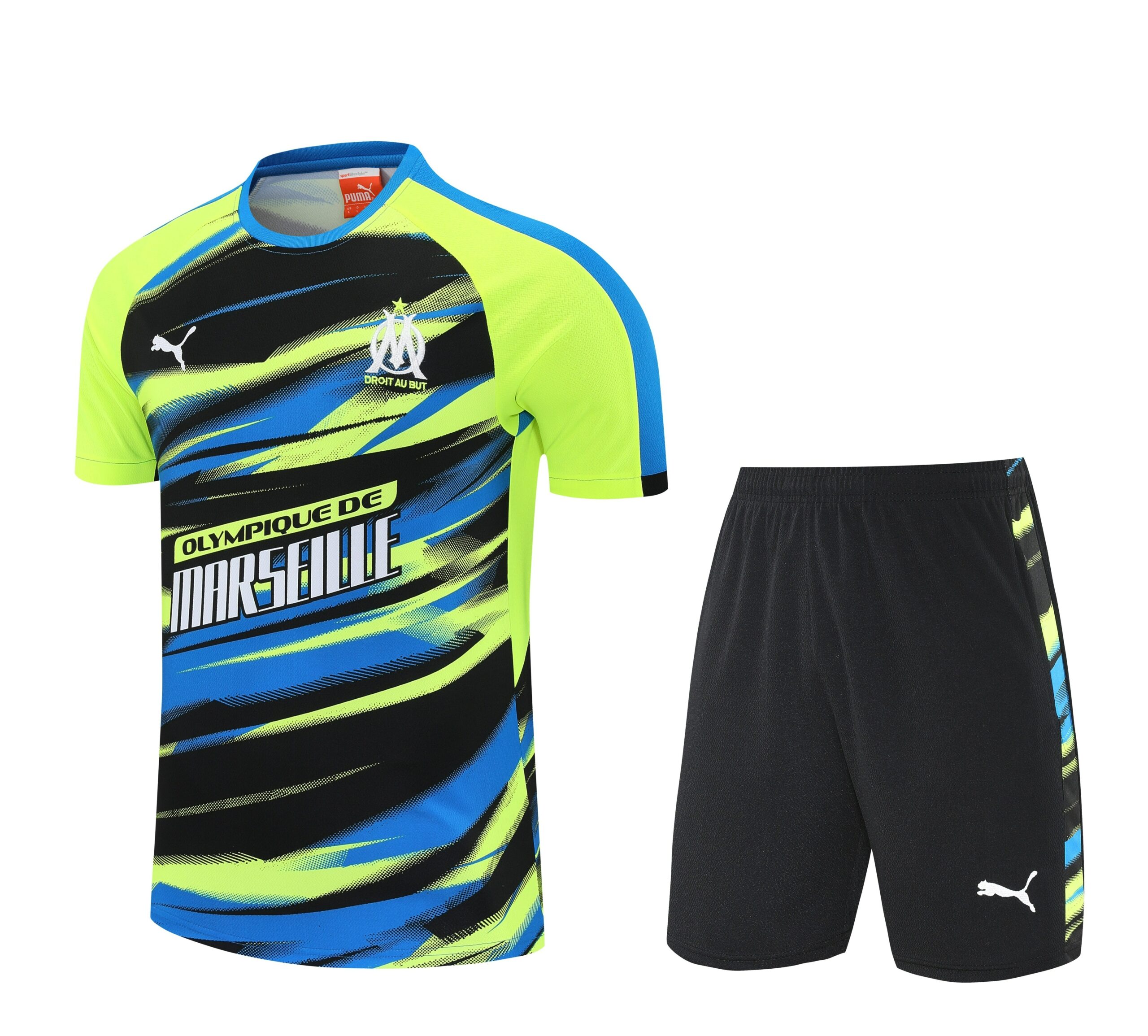 Kit de Treino do Marseille 2025-2026 Verde-Limão com Grafismos Azuis e Pretos
