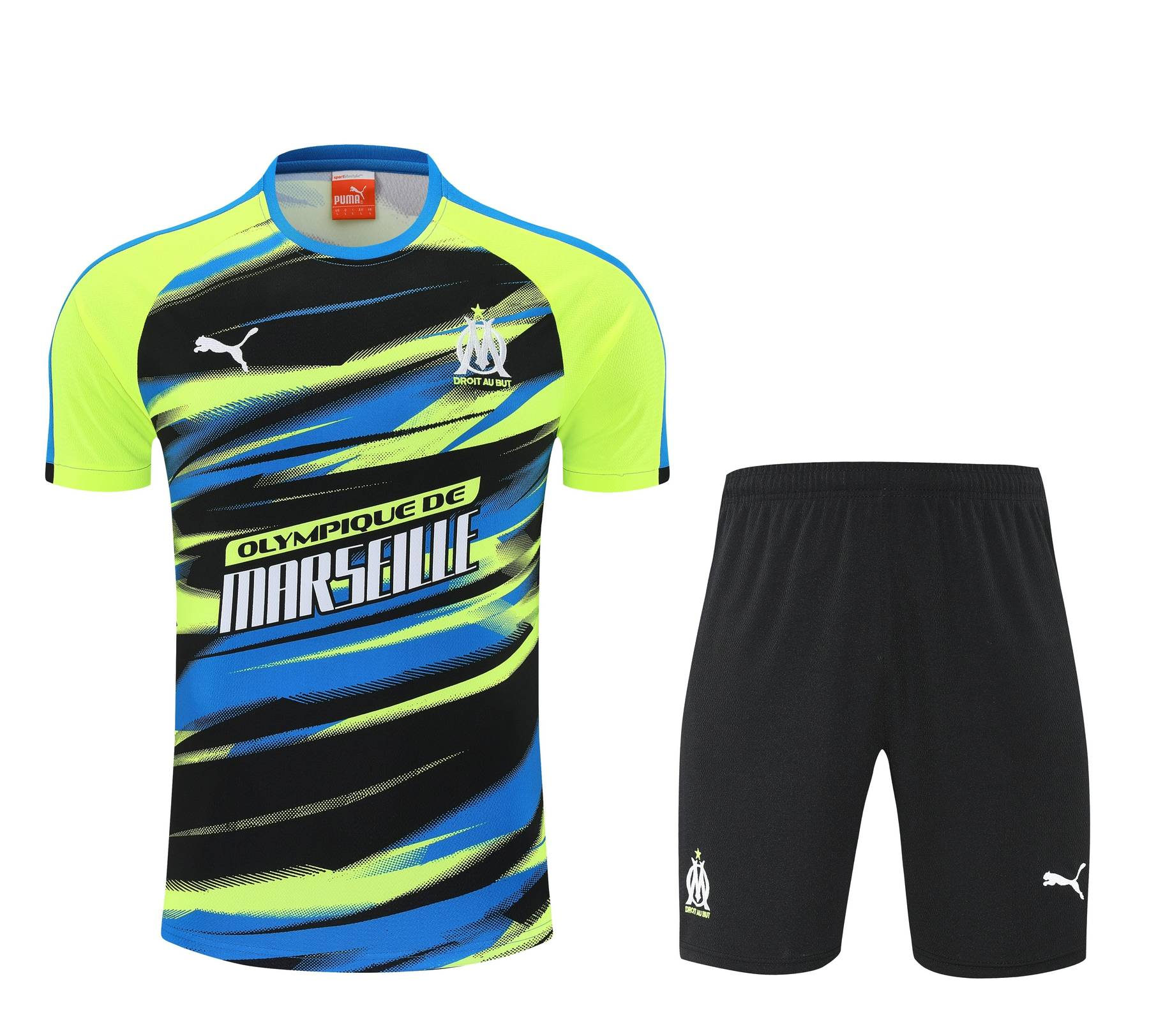 Kit de Treino do Marseille 2025-2026 Verde-Limão com Grafismos Azuis e Pretos