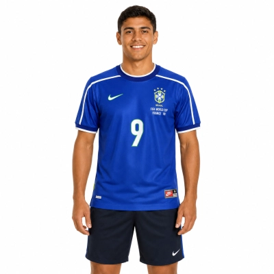 Camisa Retrô Away Azul do Brasil 1998 Ronaldo Nº 9 01