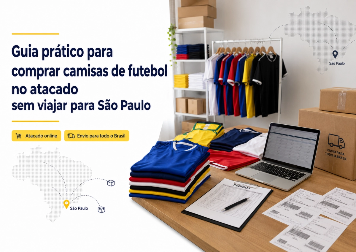 Mesa de trabalho com camisas de futebol no atacado, caixas de envio, laptop e pedidos para entrega no Brasil