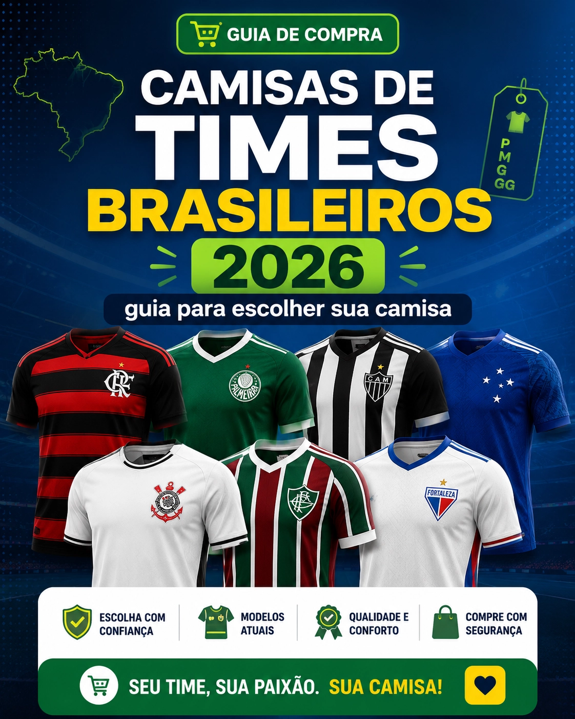 Camisas de times brasileiros 2026 com modelos de Flamengo, Palmeiras, Atlético-MG, Cruzeiro, Corinthians, Fluminense e Fortaleza.