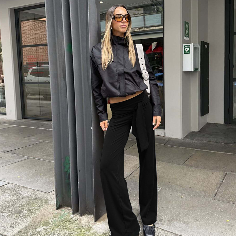 Women High Waist Tie Wrap Wide Leg Pants