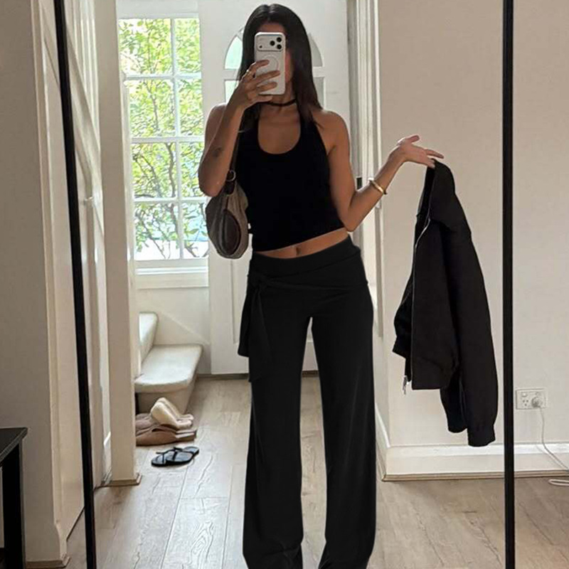 Women High Waist Tie Wrap Wide Leg Pants