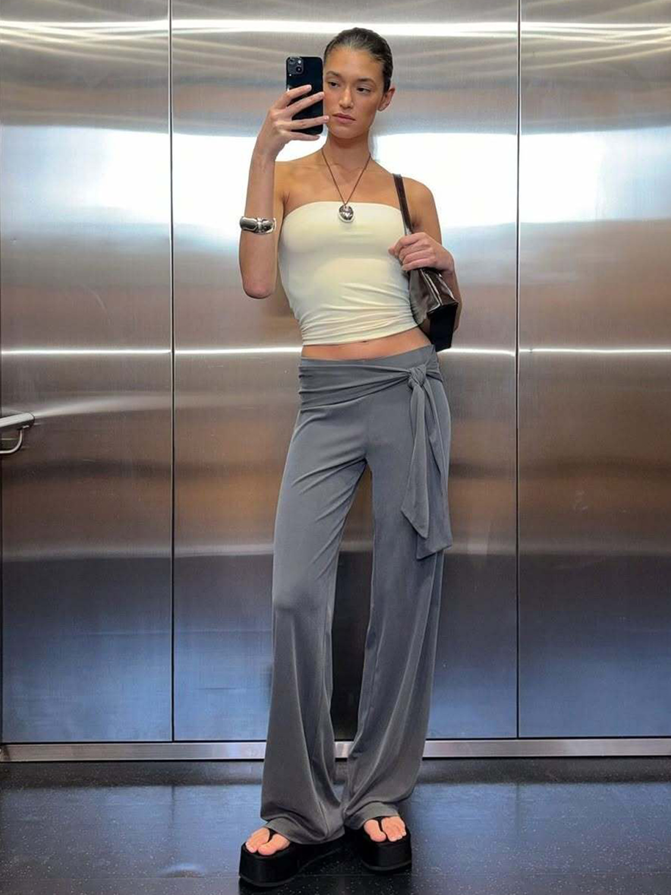 Women High Waist Tie Wrap Wide Leg Pants