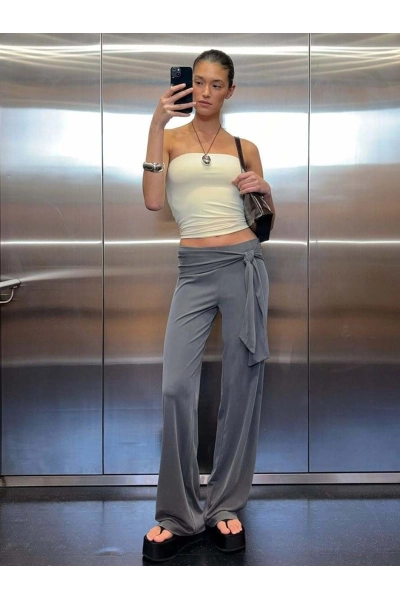 Women High Waist Tie Wrap Wide Leg Pants 02