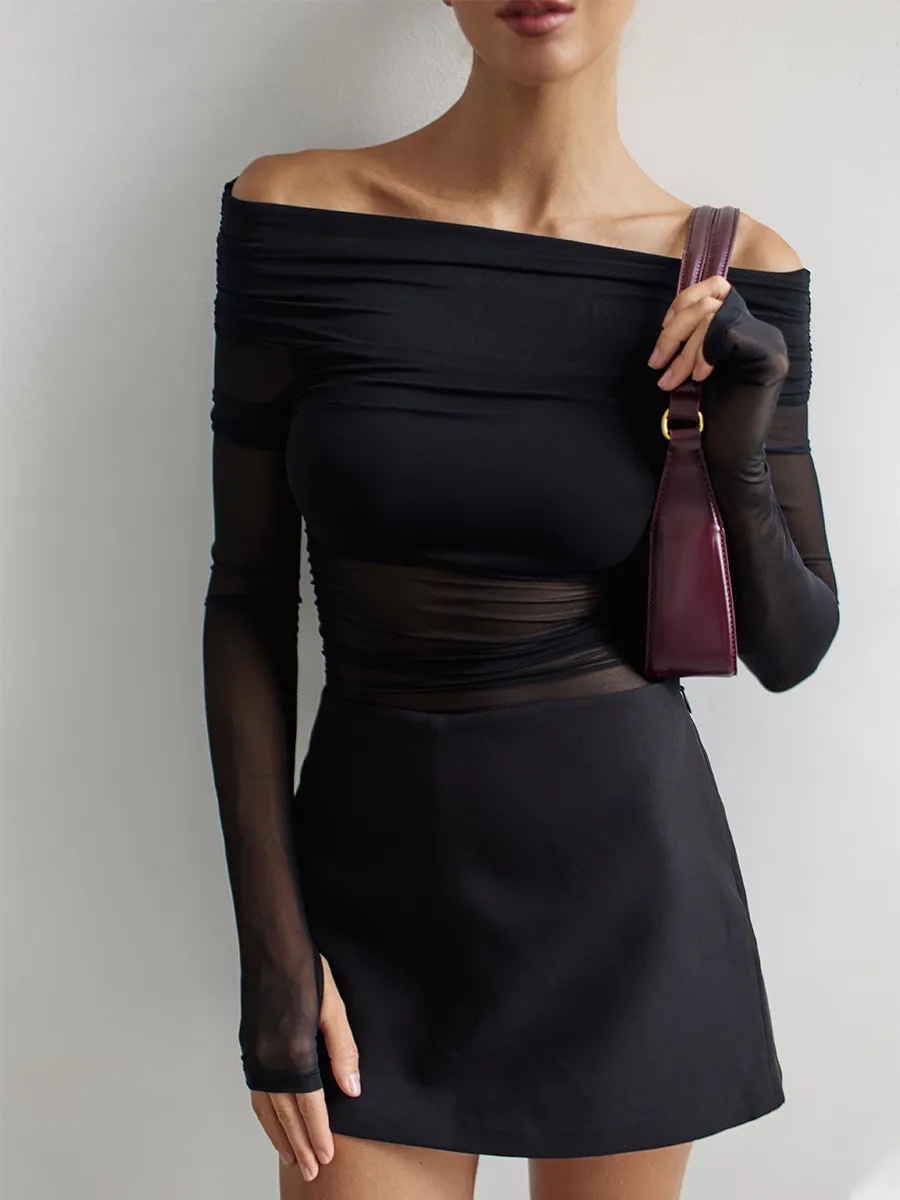 Women Off Shoulder Mesh Sheer Long Sleeve Top