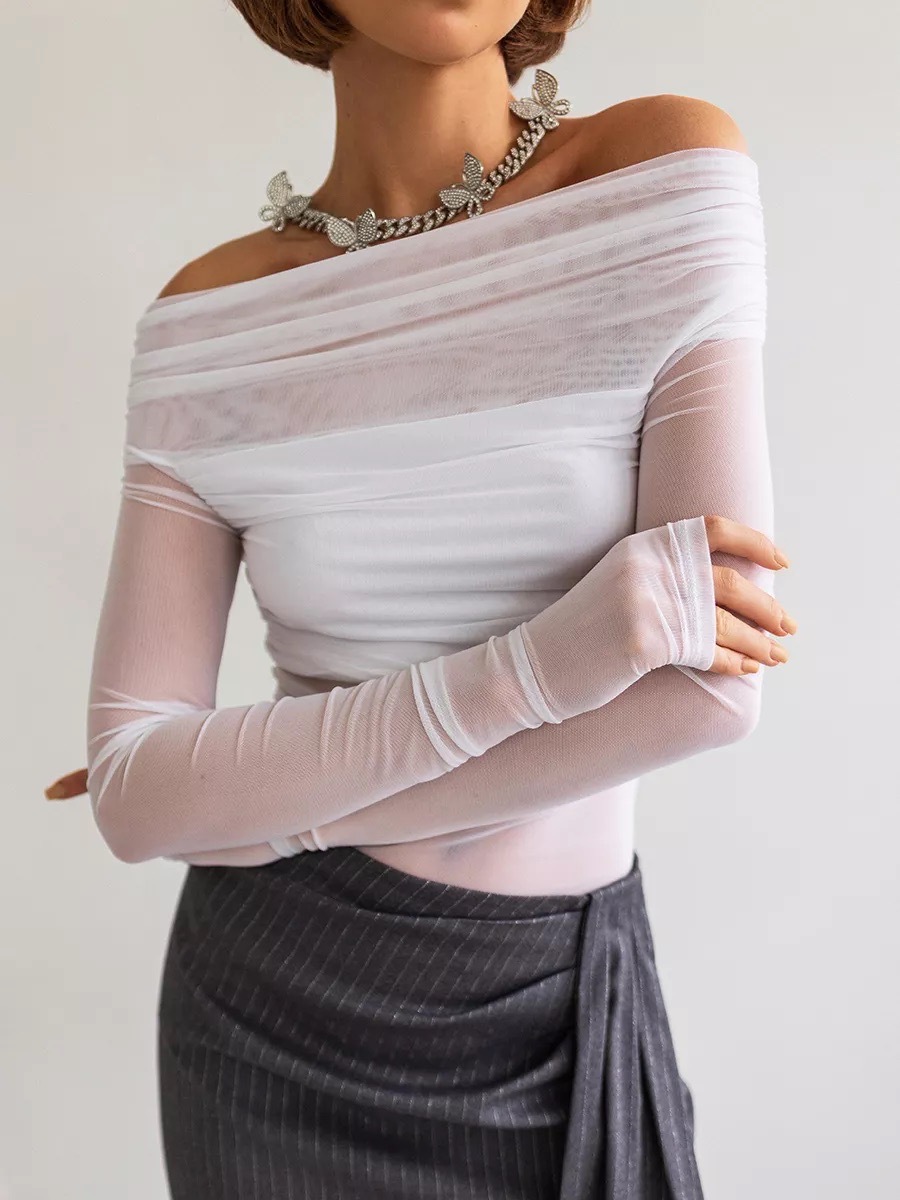 Women Off Shoulder Mesh Sheer Long Sleeve Top