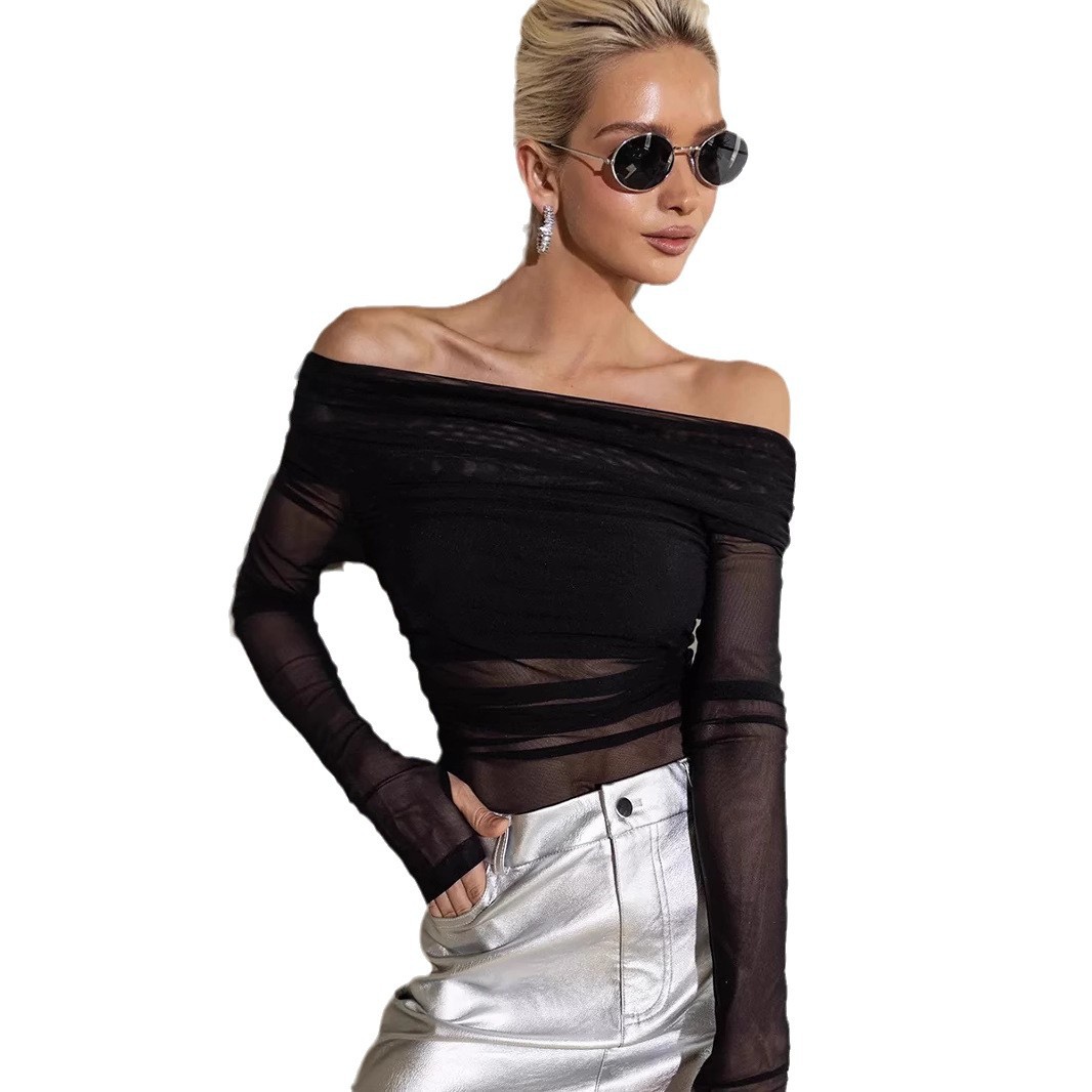 Women Off Shoulder Mesh Sheer Long Sleeve Top
