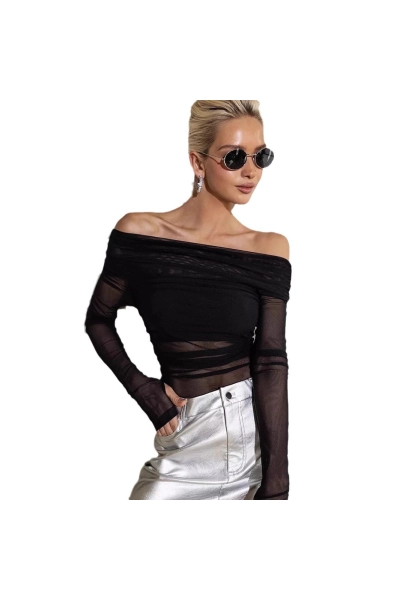 Women Off Shoulder Mesh Sheer Long Sleeve Top 01