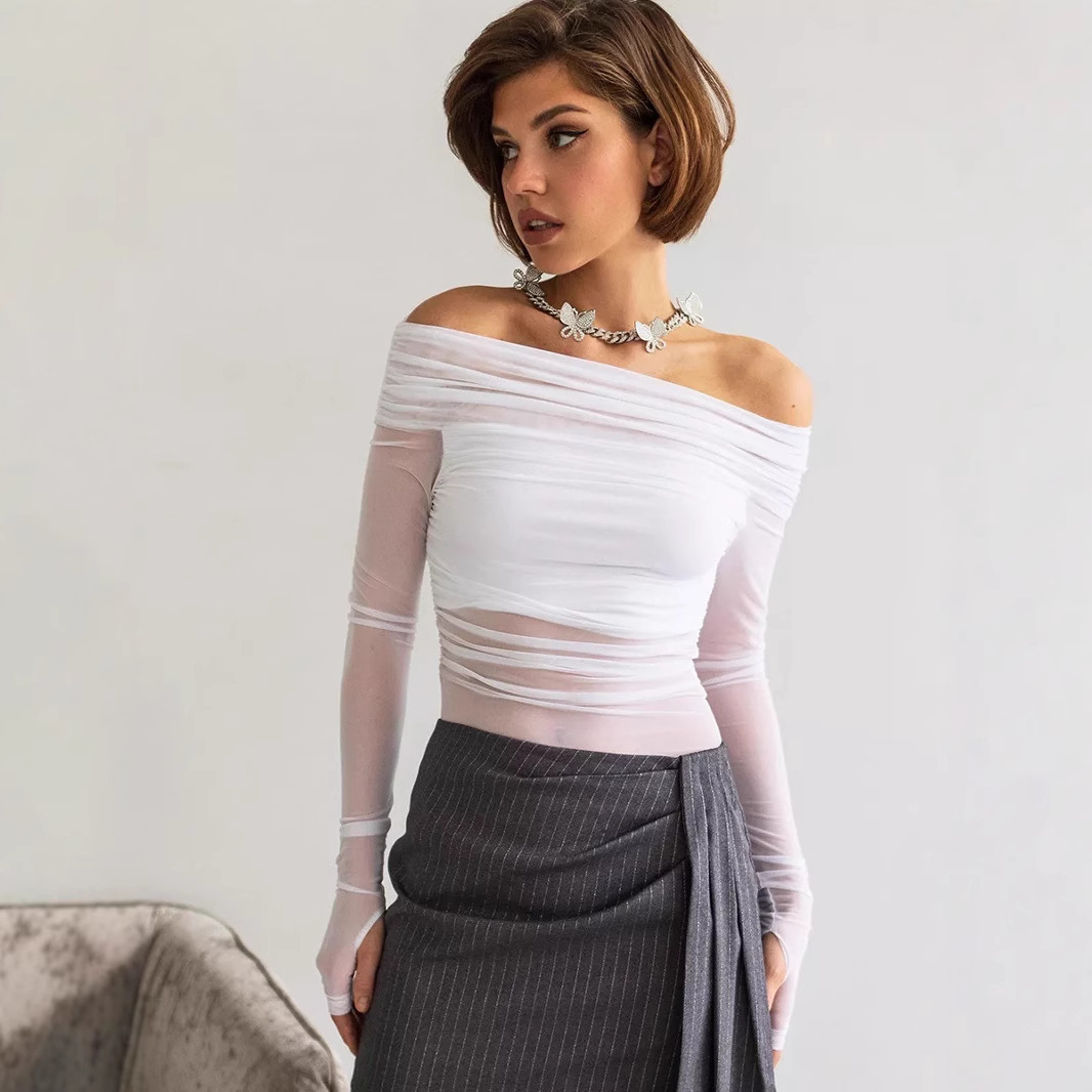 Women Off Shoulder Mesh Sheer Long Sleeve Top
