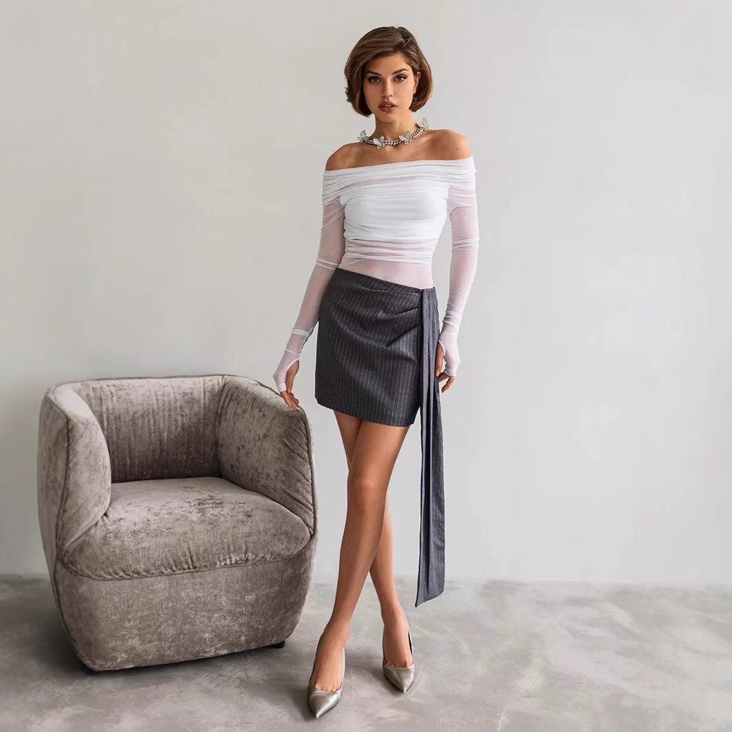 Women Off Shoulder Mesh Sheer Long Sleeve Top