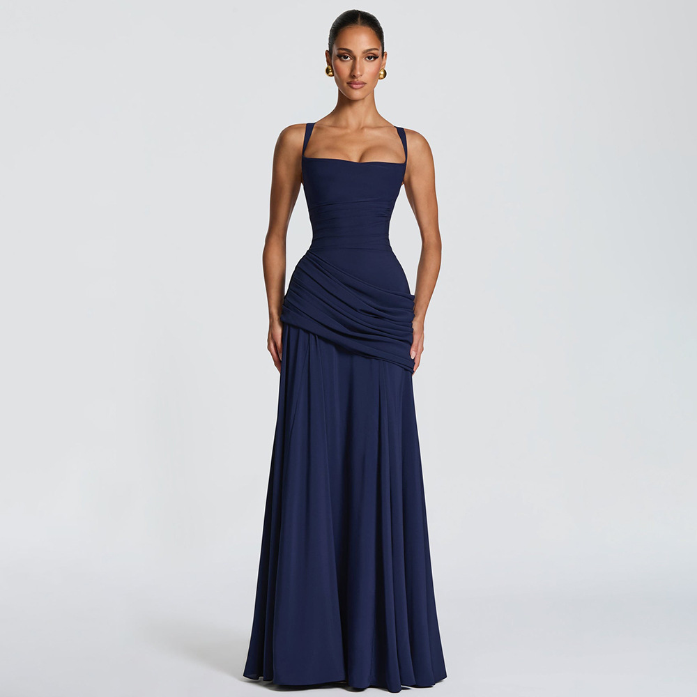 Women Square Neck Ruched Formal Maxi Dress