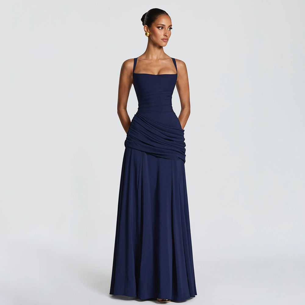 Women Square Neck Ruched Formal Maxi Dress