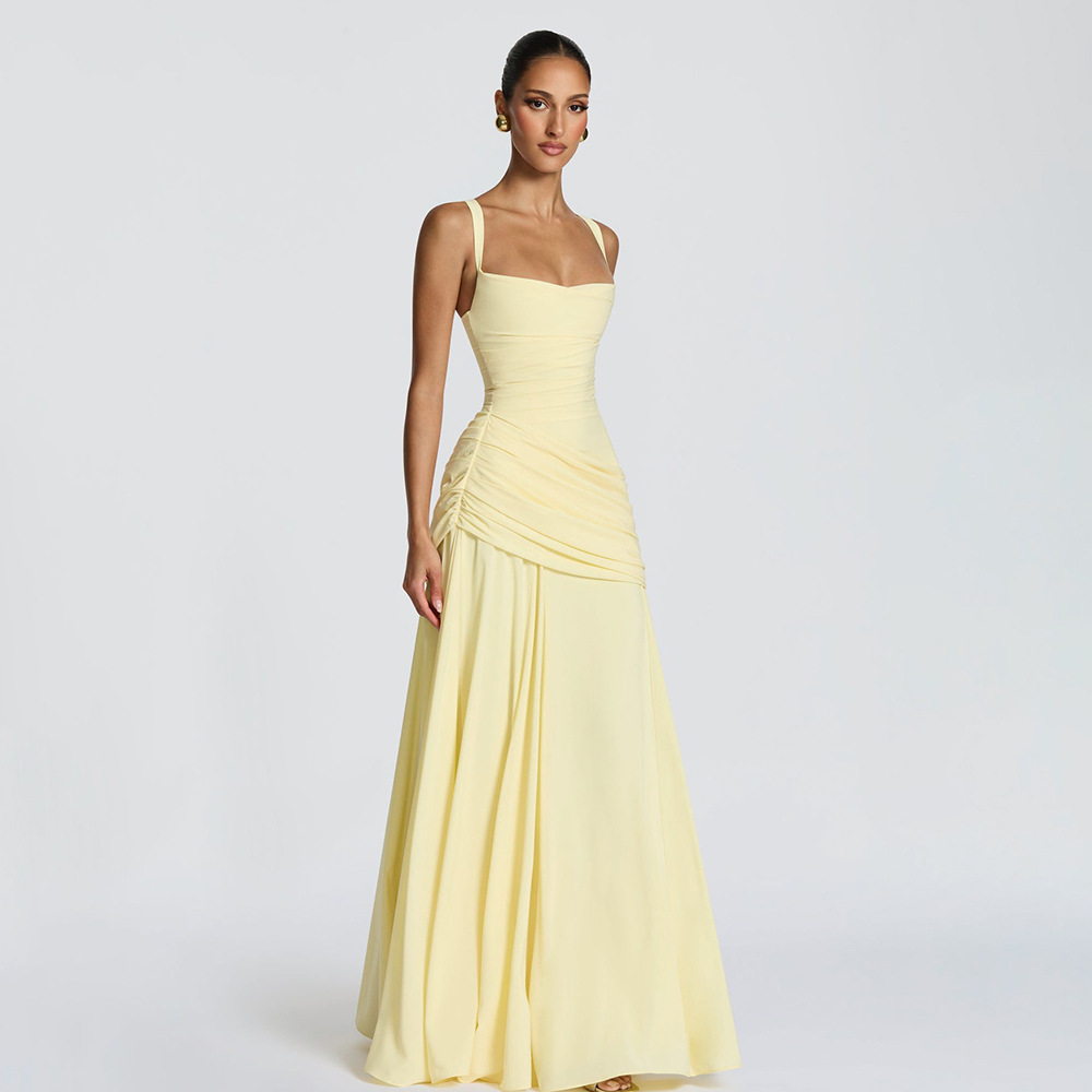 Women Square Neck Ruched Formal Maxi Dress