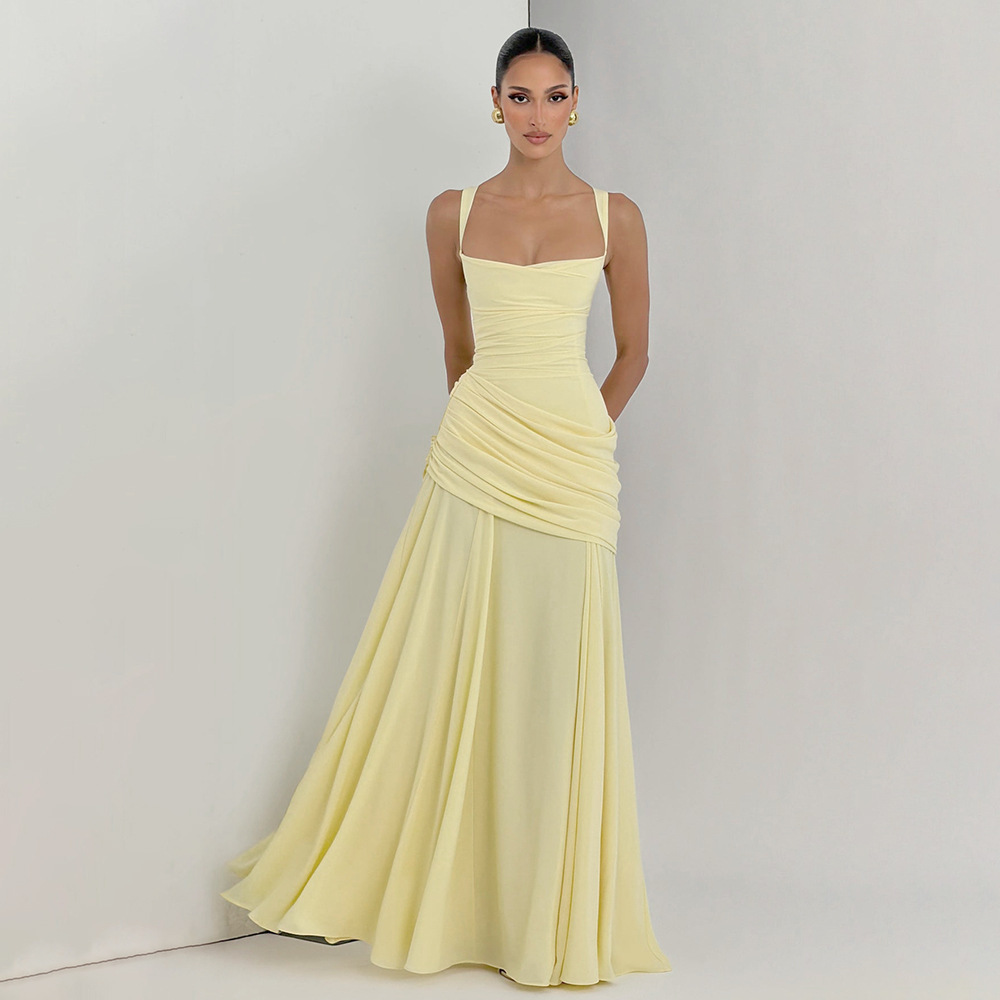 Women Square Neck Ruched Formal Maxi Dress