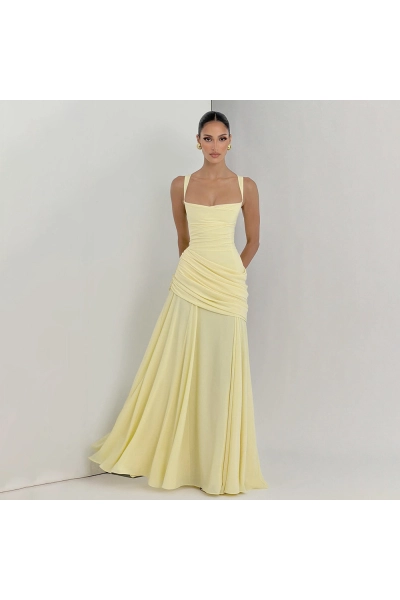 Women Square Neck Ruched Formal Maxi Dress 01